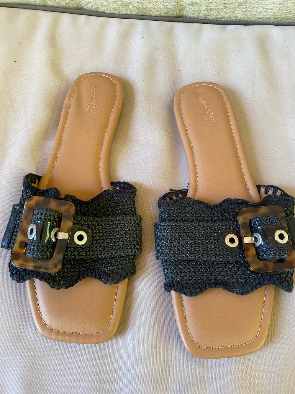 Women's Black Raffia Slide Sandals with Tortoiseshell Buckle Accent